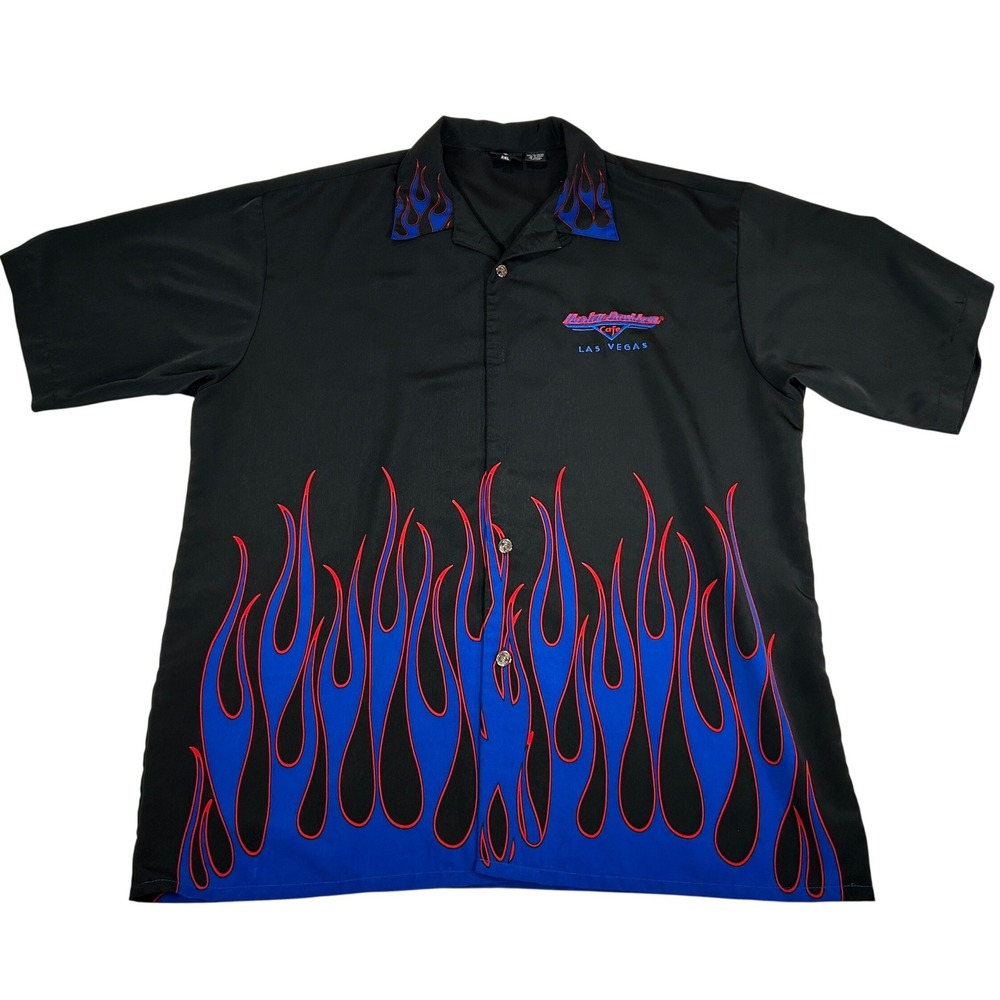 Harley Davidson Cafe Las Vegas Mens XXL Black Blue Flame Button Up Camp Shirt